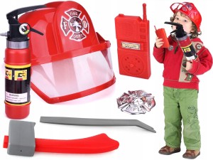 Zestaw STRAŻAKA KASK STRAŻACKI Strój Strażak Akcesoria kask gaśnica woda